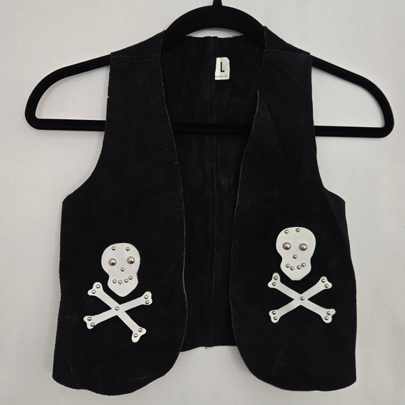 USA Made Black Suede Vest Skull & Crossbones Appliqué Kids L Statement Piece - Picture 1 of 9